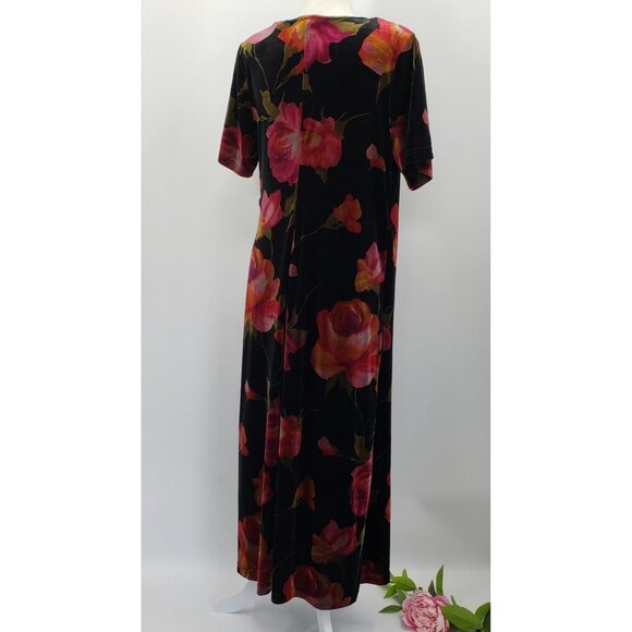 Vintage Los Angeles Woman Velvet Maxi Dress Size 14 Black Floral Faux Wrap - Picture 6 of 8